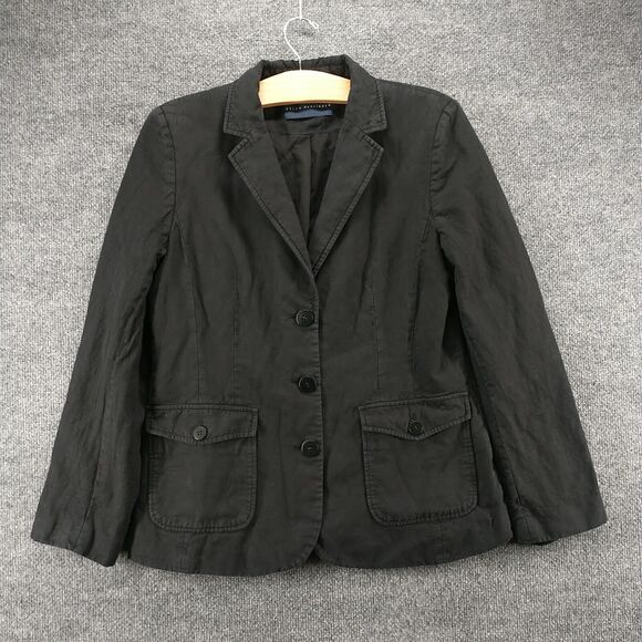 Helen McAlinden Womens Linen Blazer Jacket Black Actual 18.5x25.5 Lined 3-Button - Picture 2 of 13